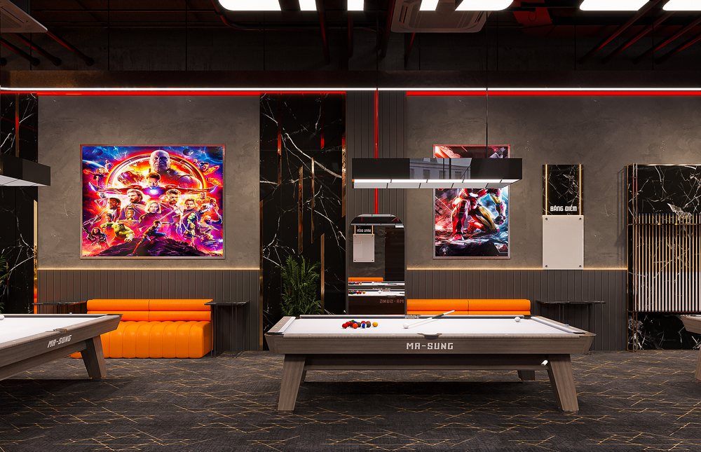 Không gian Narra Billiards tầng trệt nổi bật với tranh Marvel, bàn bida MA-SUNG và thiết kế tường đá đen sang trọng.