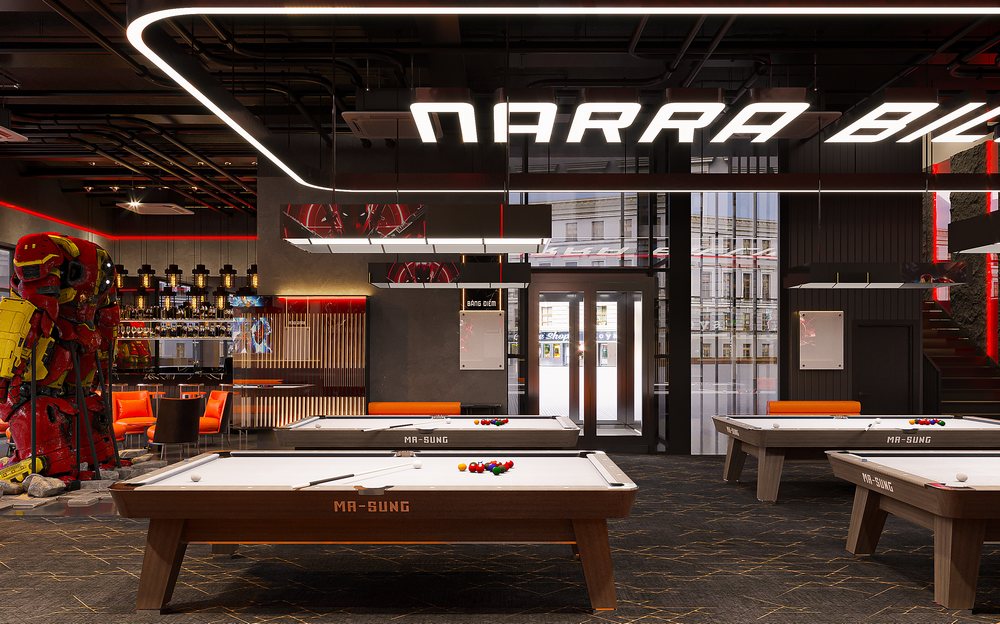 Không gian trung tâm Narra Billiards với logo nổi bật, bàn bi-a cao cấp và mô hình siêu anh hùng.