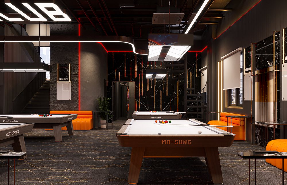 Khu vực bàn bida MA-SUNG chuyên nghiệp tại tầng trệt Narra Billiards với thiết kế đèn trần LED hiện đại và không gian sang trọng