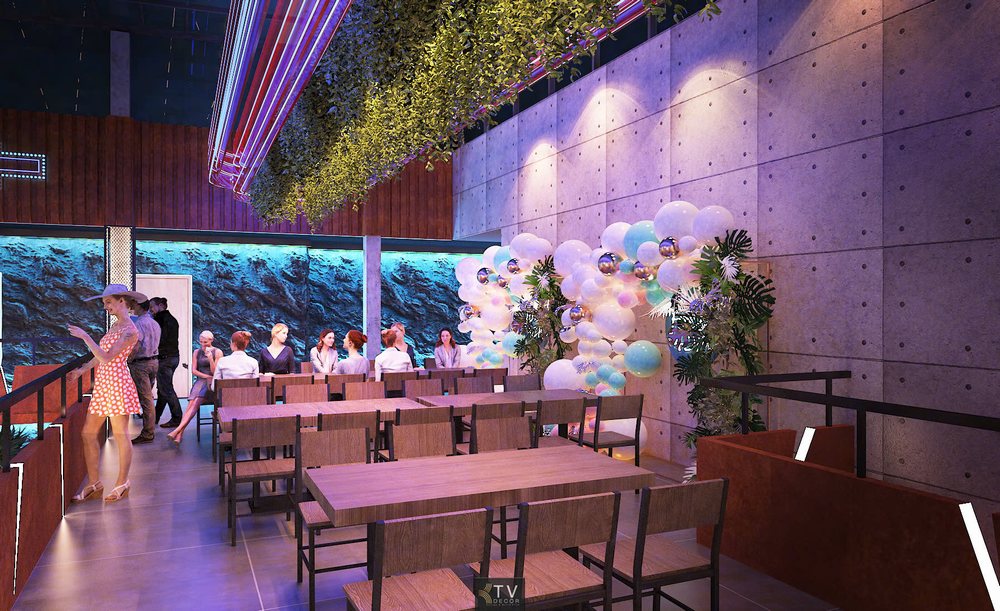 Không gian bàn ăn nhà hàng Beer Garden phong cách Nightlife với trần cây xanh và ánh sáng LED sống động do KTV Decor thiết kế thi công.
