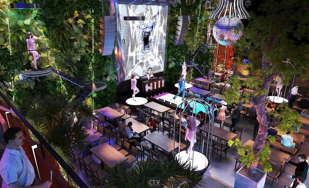 Toàn cảnh Beer Garden với sân khấu trình diễn nghệ thuật độc đáo, cây xanh bao quanh, tạo nên không gian giải trí nightlife sôi động và đẳng cấp.