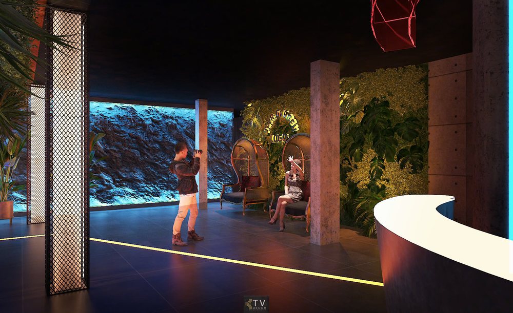 Khu check-in sang trọng tại Beer Garden với ghế lồng chim và ánh sáng neon, nơi lý tưởng để chụp hình và khởi đầu cho một đêm nightlife sôi động.