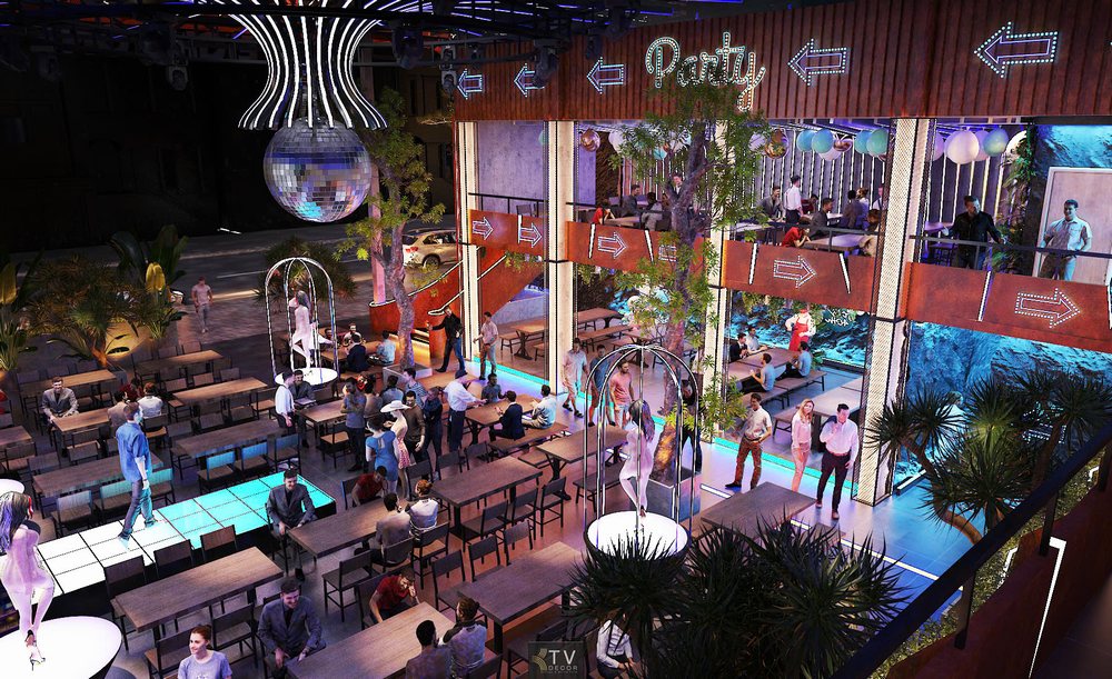 Beer Garden sôi động về đêm với không gian ngoài trời hiện đại, sàn nhảy phát sáng, sân khấu biểu diễn và khu vực ngồi thư giãn, lý tưởng cho các buổi tụ họp, giải trí cuối tuần.