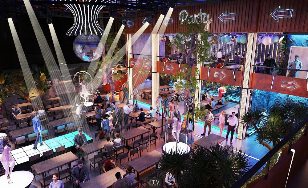 Khu vực sân khấu và sàn nhảy nhà hàng Beer Garden phong cách Nightlife với thiết kế ánh sáng LED, không gian đa tầng do KTV Decor thực hiện.