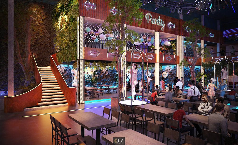 Khu vực sân khấu nghệ thuật và bàn ăn rộng rãi trong Beer Garden 2025 – Phong cách nightlife kết hợp thiên nhiên | KTV DECOR