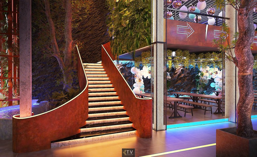 Thiết kế nhà hàng Beer Garden phong cách Nightlife với sân khấu trình diễn, ánh sáng màu sắc và không gian tầng lửng độc đáo.