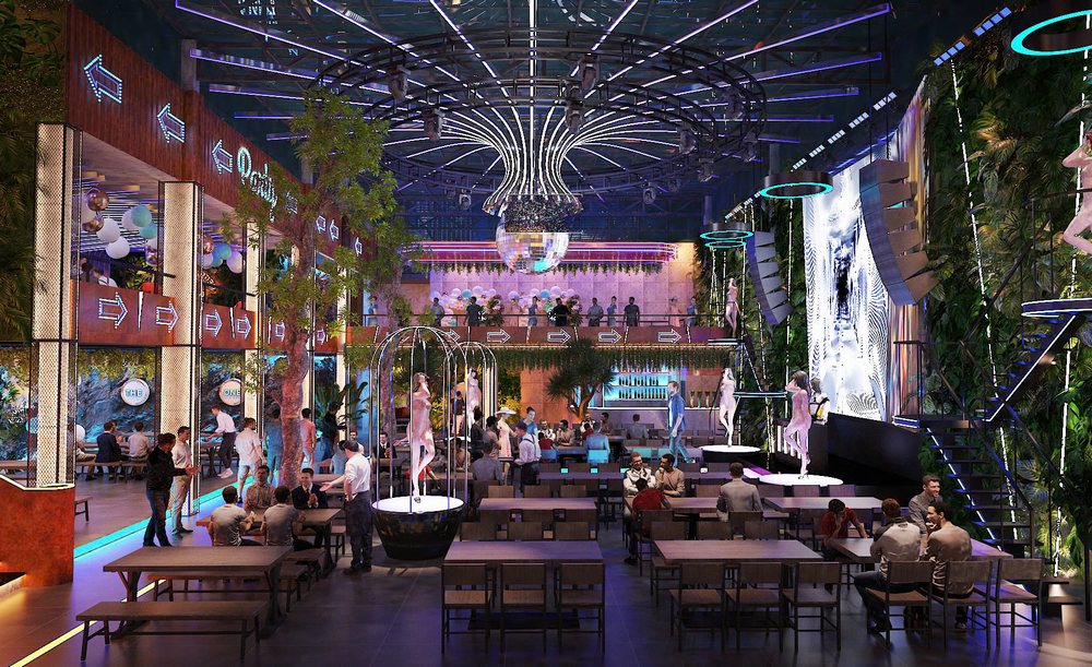 Không gian nội thất Beer Garden phong cách Nightlife với sân khấu trung tâm, ánh sáng LED, tầng lửng và khu vực bàn tiệc rộng rãi.