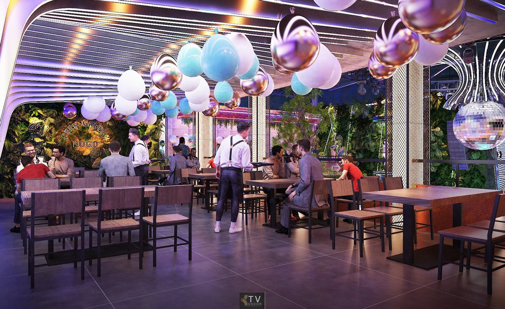Khu vực Beer Garden phong cách nightlife hiện đại, kết hợp không gian mở với trần đèn nghệ thuật và bóng trang trí, tạo không khí sôi động và thân thiện cho các buổi gặp gỡ, tiệc tùng.
