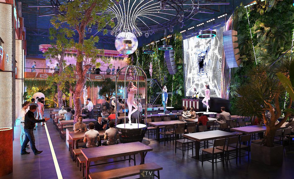 Beer Garden sôi động với sân khấu trung tâm, đèn LED nghệ thuật, vũ công biểu diễn và không gian cây xanh độc đáo, mang đến trải nghiệm nightlife ấn tượng và cuốn hút.