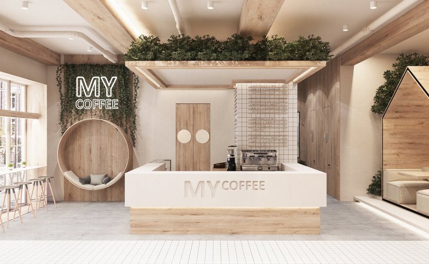 Không gian cafe độc đáo với ghế xích đu, tường cây xanh và đèn thả ấm cúng, tạo cảm giác thư giãn và mới lạ cho trải nghiệm thưởng thức cà phê.