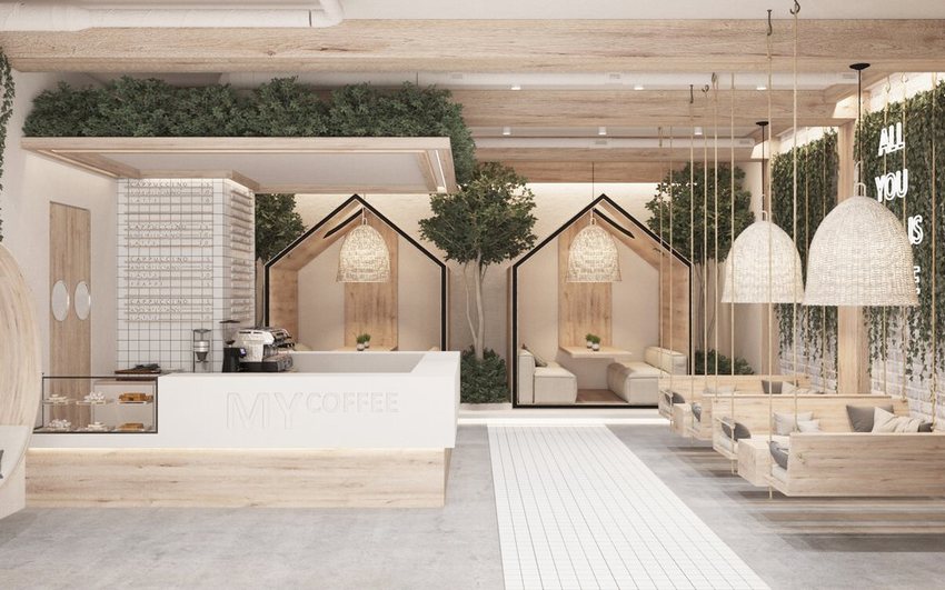 Quán cafe thiết kế phong cách tối giản Scandinavian, tông màu sáng kết hợp nội thất gỗ và cây xanh tạo nên không gian thư giãn, ấm cúng và đầy cảm hứng.