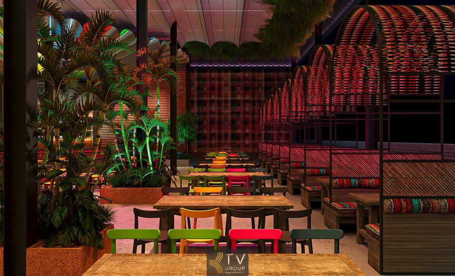 Không gian nhà hàng Garden kiểu Thái toát lên sự phóng khoáng với mái che phối màu tropical, hệ thống đèn trang trí tỏa ánh sáng mềm và khu ghế ngồi bố trí thấp theo phong cách Thái đương đại. Thiết kế chú trọng cảm giác thư giãn, tạo nên nơi lý tưởng cho trải nghiệm ăn uống và check-in về đêm. 