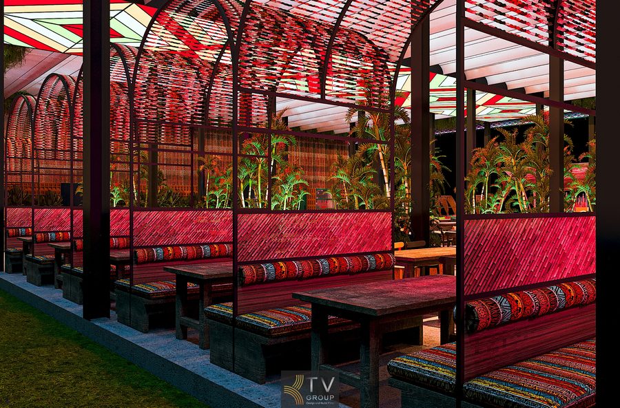 Thiết kế thi công nhà hàng Garden kiểu Thái sử dụng trần trang trí họa tiết sắc màu nổi bật, tạo điểm nhấn mạnh về đêm. Khu seating thấp, đèn lồng hồng và các đường nét gỗ mộc gợi cảm giác như bước vào một khu chợ đêm Thái thu nhỏ nhưng hiện đại, độc đáo và rất thu hút khách. 