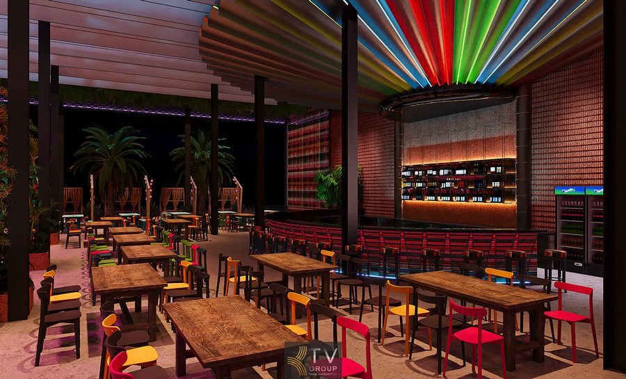 Không gian Garden Thái Lan hiện đại được xây dựng với mái che sáng màu, ánh sáng LED đa sắc và nội thất mang đậm chất tropical. Từng bàn ghế được bố trí mở, tạo sự kết nối giữa các nhóm khách. Thiết kế này phù hợp khu vực biển, hồ hoặc phố du lịch đông khách. 