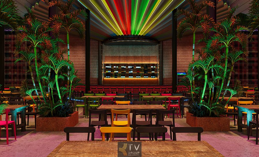 Nhà hàng phong cách Thái Garden tạo dấu ấn nhờ sự hòa quyện giữa thiên nhiên và gam màu tươi trẻ. Mái che họa tiết nhiệt đới, ghế nệm rực rỡ và ánh sáng ban đêm lung linh giúp không gian luôn sống động. Đây là mô hình hút khách cực mạnh nhờ tính giải trí và tính thẩm mỹ cao. 