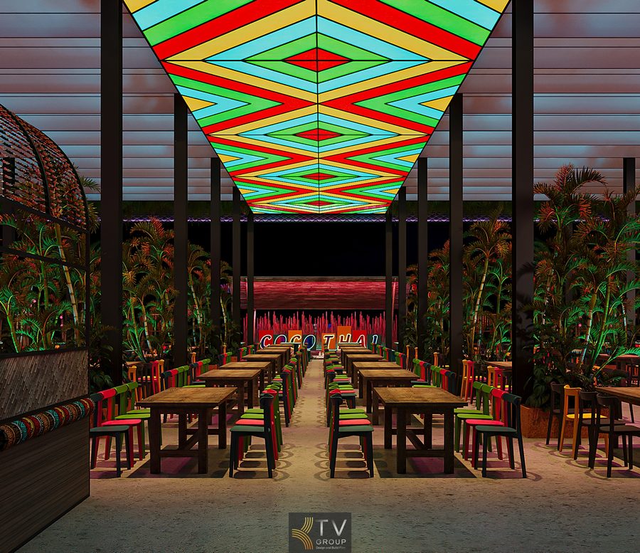 Thiết kế Garden style Thái sử dụng nhiều vật liệu tự nhiên như gỗ, vải thổ cẩm và cây xanh, phối hợp cùng trần trang trí đầy sắc màu. Ánh sáng đêm nhẹ nhàng khiến tổng thể trở nên đầy cuốn hút, mang lại cảm giác như bước vào resort Thái giữa thành phố. 