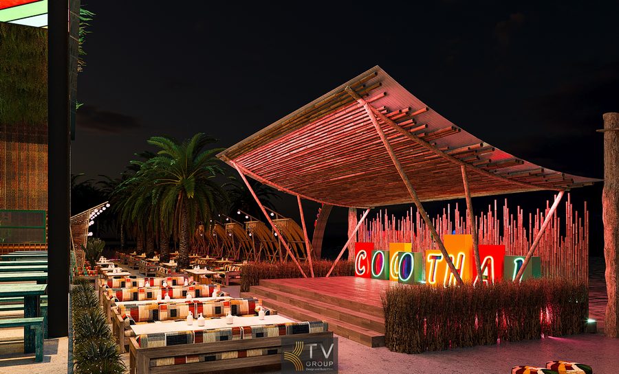 Thiết kế thi công nhà hàng Garden phong cách Thái hướng đến sự hòa hợp giữa cảnh quan và trải nghiệm ẩm thực. Các chòi nghỉ gỗ, ghế đệm màu sắc và ánh đèn hồng ấm tạo nên bầu không khí thư giãn. Mặt bằng được bố trí hợp lý, mang lại không gian mở, đẹp mắt, phù hợp thực khách yêu thích phong cách nhiệt đới. 