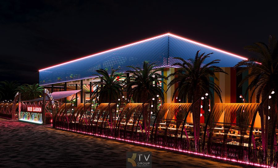 Thiết kế thi công nhà hàng Garden phong cách Thái tạo ấn tượng qua bố cục sân vườn rộng, nhiều cây dừa, mái chòi gỗ và nệm pattern Thái. Không gian đêm lung linh nhờ hệ thống đèn treo nghệ thuật. Thiết kế tối ưu trải nghiệm khách hàng, mang đến sự thư thái và nét đặc trưng của ẩm thực đường phố Thái Lan. 