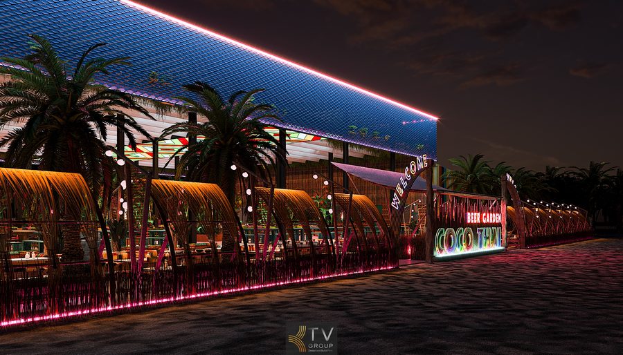 Thiết kế thi công nhà hàng Garden phong cách Thái nổi bật với mặt tiền rực rỡ ánh sáng neon, tạo hiệu ứng thị giác mạnh mẽ về đêm. Không gian ngoài trời sử dụng tre, nứa và dừa tạo chất nhiệt đới, kết hợp sắc màu trẻ trung của công trình chính. Tổng thể mang đến một điểm đến giải trí – ẩm thực đậm chất Thái hiện đại. 