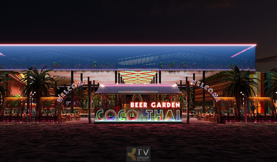 Mặt tiền COCO THAI Beer Garden tạo cảm giác sống động với dải đèn neon, các khối chữ đầy màu sắc và hệ cây cọ bao quanh. Thiết kế mang hơi thở Thái Lan, kết hợp phong cách nhiệt đới và hiện đại. Không gian bên ngoài rộng rãi, phù hợp mô hình giải trí – ăn uống. Lối vào vòm ánh sáng là điểm check-in thu hút giới trẻ. 