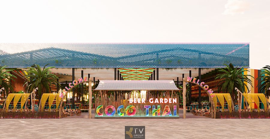 Thiết kế COCO THAI Beer Garden nổi bật với phong cách Tropical Thai hiện đại, sử dụng ánh sáng LED đa sắc và bảng hiệu cỡ lớn hút mắt từ xa. Lối vào với hàng vòm cong phát sáng tạo nên điểm nhấn đặc trưng. Mảng xanh cọ và cây nhiệt đới mang lại sự tươi mát, biến nhà hàng thành một trong những điểm đến về đêm đầy năng lượng. 