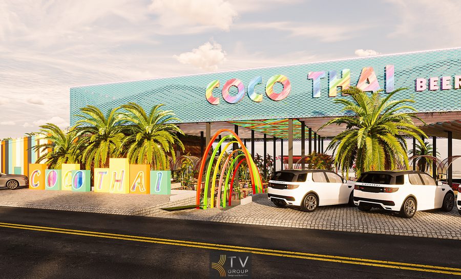 COCO THAI Beer Garden sở hữu mặt tiền ấn tượng với bảng hiệu nhiều màu, ánh sáng neon bao phủ và hệ thống vòm cong tạo đường dẫn bắt mắt. Cây cọ và mảng xanh nhiệt đới góp phần tạo nên phong cách trẻ trung, phù hợp giới trẻ và du khách. Thiết kế hướng đến sự sôi động, hiện đại và nhận diện thương hiệu mạnh. 