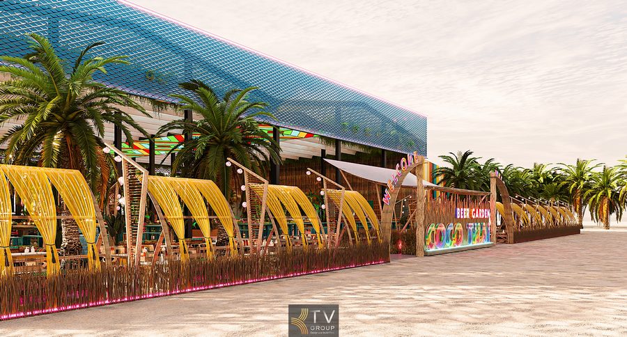 Thiết kế ngoại thất COCO THAI Beer Garden lấy cảm hứng từ văn hóa Thái đương đại, kết hợp màu sắc rực rỡ và ánh sáng LED tạo nên bầu không khí náo nhiệt. Vòm cong phát sáng dẫn lối vào khu beer garden, được bao bọc bởi hàng cọ xanh. Đây là điểm đến lý tưởng cho ẩm thực, tiệc tối và các buổi hội họp. 