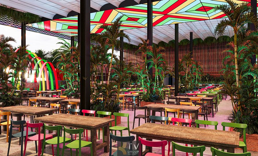 Thiết kế nhà hàng Garden phong cách Thái mang hơi thở thiên nhiên với dừa, cây xanh và vật liệu tre đan. Không gian mở giúp đón gió tự nhiên, tạo cảm giác thư giãn. Nội thất nhiều màu sắc theo phong cách Thái truyền thống giúp tổng thể trở nên sống động, là điểm check-in ấn tượng cho thực khách. 