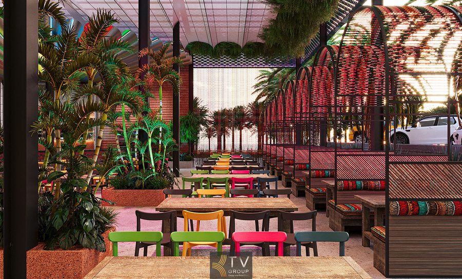 Nhà hàng Garden phong cách Thái được xây dựng với triết lý "mở – xanh – thoáng". Chòi tre và mái lá kết hợp đệm nhiều màu tạo sự phóng khoáng. Thiết kế gợi nhớ các khu chợ đêm Thái nhưng nâng cấp hiện đại, mang lại không gian giải trí – ăn uống lý tưởng cho gia đình và nhóm bạn trẻ. 