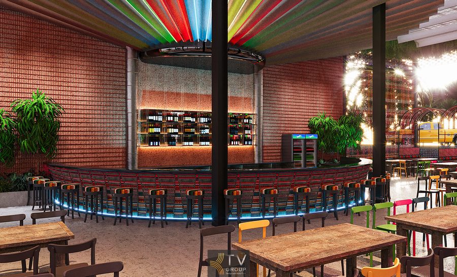 Thiết kế kiến trúc Garden phong cách Thái chú trọng vào trải nghiệm thư giãn, hòa mình thiên nhiên. Hệ thống bàn ghế gỗ, đèn lồng và mái tre cong tạo hiệu ứng thị giác bắt mắt. Tông màu ấm kết hợp âm thanh nhẹ giúp thực khách cảm giác như đang thưởng thức ẩm thực ngay trong khu resort Thái truyền thống. 