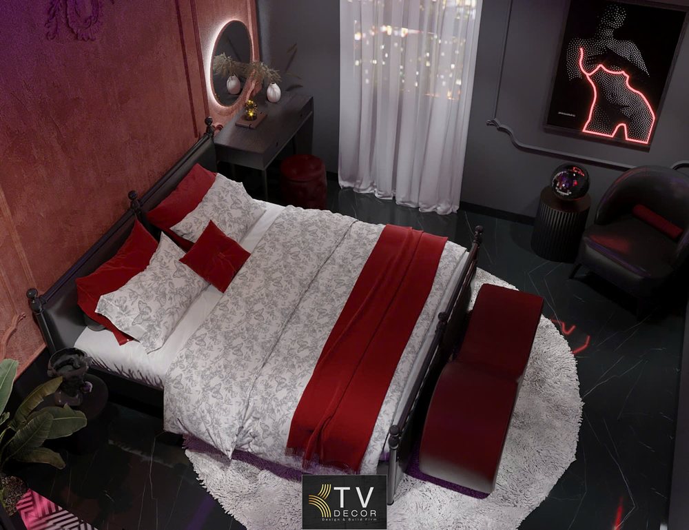 Phòng nghỉ lãng mạn cho cặp đôi với giường lớn & ánh sáng nghệ thuật