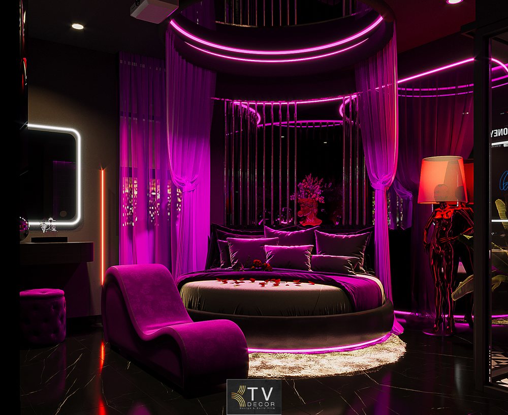 Khám phá thiết kế Love Hotel ánh tím từ KTV Decor – Giường tròn, đèn LED, nội thất gợi cảm tạo nên không gian lý tưởng cho các cặp đôi thăng hoa cảm xúc.