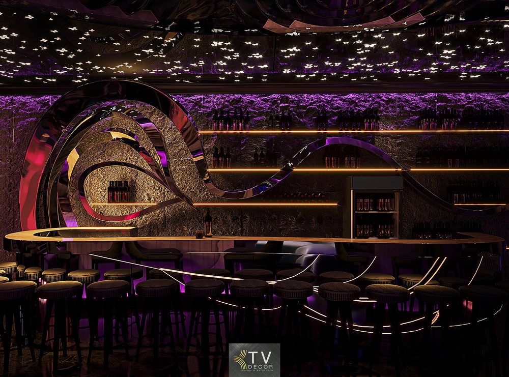 Thiết kế nội thất Lounge Nightlife 100m² – quầy bar uốn lượn, ánh sáng LED nghệ thuật hiện đại