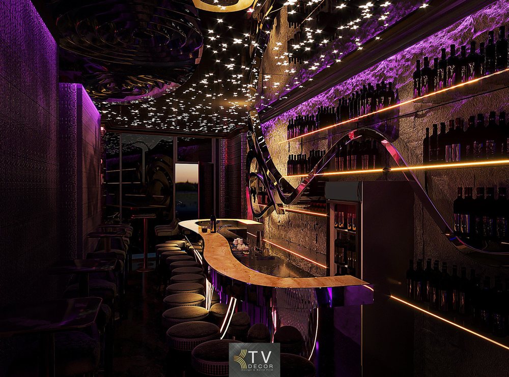 thiết kế quầy bar lounge nhỏ, lounge nightlife 100m², bố trí quầy bar hẹp, ánh sáng trần lounge, nội thất lounge đẹp, thiết kế thi công lounge mini, KTV DECOR
