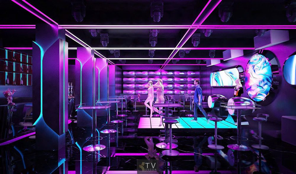 Thiết kế không gian Bar Lounge nổi bật với sàn nhảy trung tâm sử dụng hệ thống LED đổi màu, kết hợp ánh sáng tím