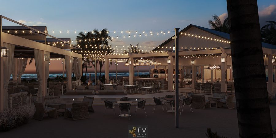 Không gian tiếp khách ven biển sang trọng, sử dụng nội thất mây tre và hệ thống ánh sáng dây, tạo điểm nhấn lung linh giữa hàng dừa. Khu vực bar – lounge ngoài trời trang trí bằng đèn vàng, rèm trắng và bàn ghế wicker, phù hợp phong cách resort nhiệt đới.