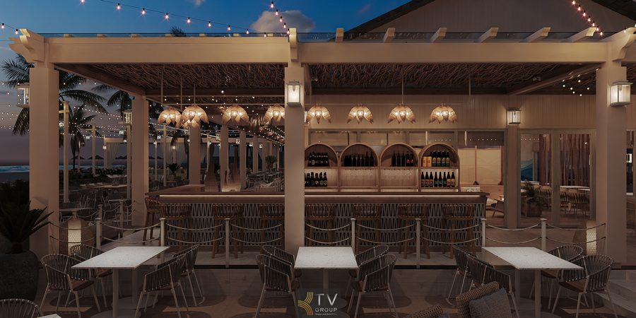 Sân ngoài của nhà hàng được thiết kế mở, với hàng dừa bao quanh, đèn dây treo cao và các bộ bàn ghế tạo không gian lãng mạn.