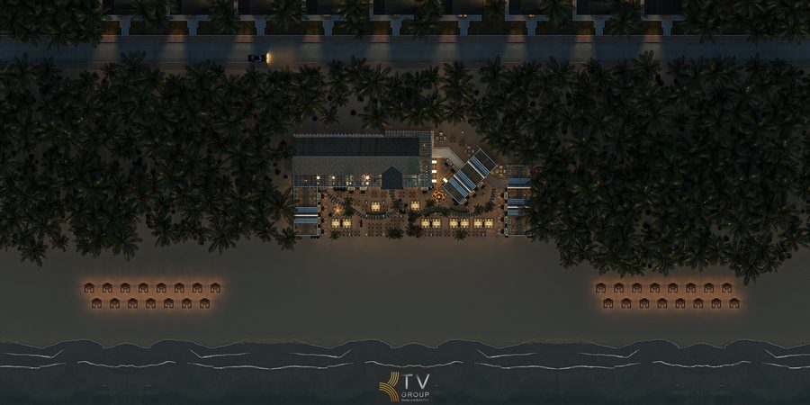 Thiết kế thi công nhà hàng view biển trọn gói KTV GROUP với không gian rộng, ánh sáng ban đêm, kiến trúc resort sang trọng sát bờ biển.