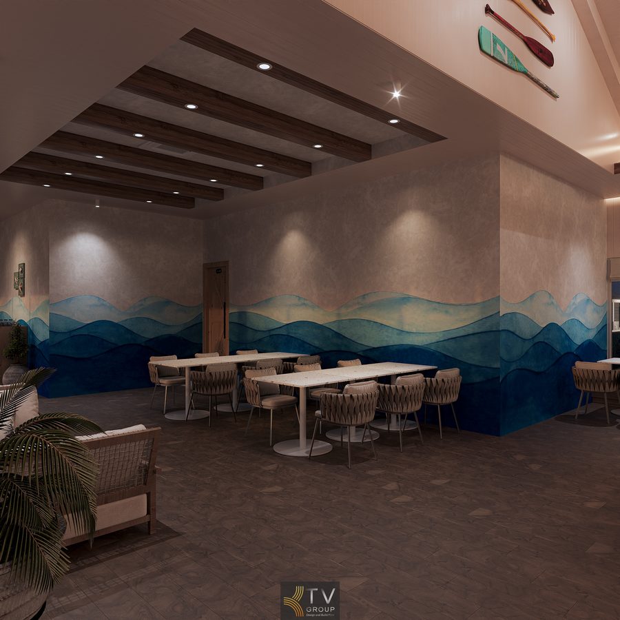 Nhà hàng phong cách biển với nội thất mộc mạc, rèm trắng mềm mại và ánh đèn vàng tạo bầu không khí ấm áp, lãng mạn về đêm.