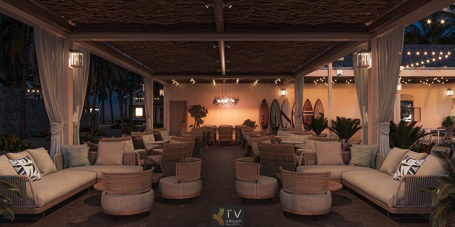 Không gian nhà hàng được thiết kế theo phong cách tropical – sang trọng, sử dụng chất liệu mây tre, ánh sáng ấm và bố cục mở, tạo cảm giác thư giãn như resort biển. Đây là mẫu thiết kế thi công trọn gói, tối ưu thẩm mỹ và công năng cho mô hình nhà hàng – café ven biển.