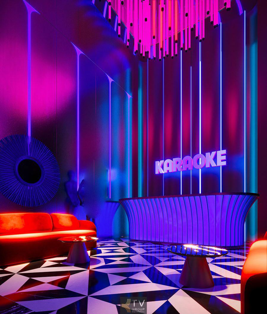 Quầy lễ tân karaoke hiện đại với ánh sáng tím xanh 