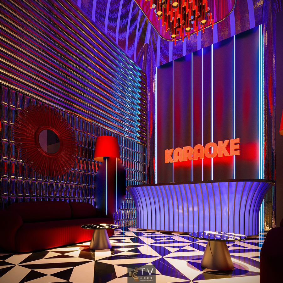 Không gian sảnh karaoke phong cách futuristic"  alt="Thiết kế thi công nội thất KTV chuyên nghiệp tại Cần Giờ"