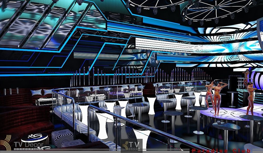 Hình ảnh thiết kế nội thất Club cao cấp mang phong cách hiện đại, sử dụng hệ thống ánh sáng LED chuyển động mạnh mẽ, bố cục không gian bố trí bàn VIP khoa học, tạo điểm nhấn với sân khấu trung tâm ấn tượng. Dự án được thực hiện bởi KTV Group