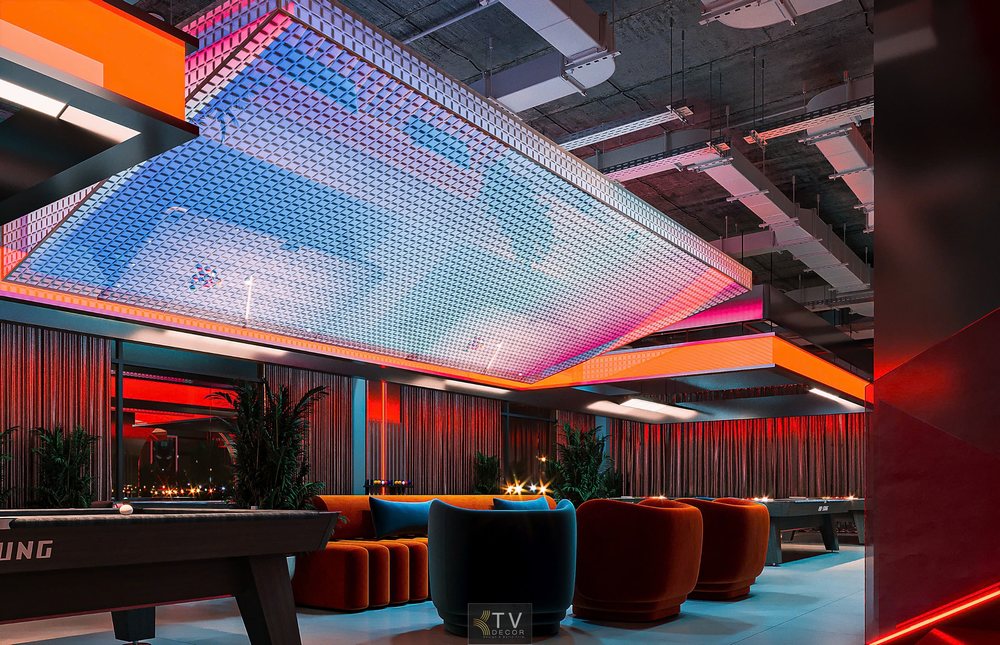 Không gian bida club hiện đại với trần lưới LED nghệ thuật và khu lounge ấn tượng – KTV DECOR