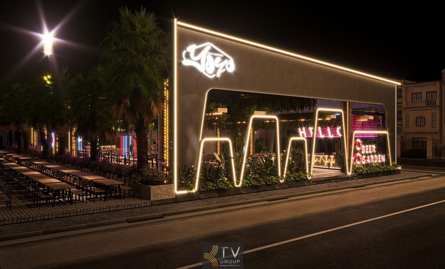 Hình ảnh mô phỏng dự án Beer Garden do KTV GROUP thiết kế, nổi bật với khu bàn ngoài trời, kiến trúc khung kim loại độc đáo và nhận diện thương hiệu YOYO ấn tượng.