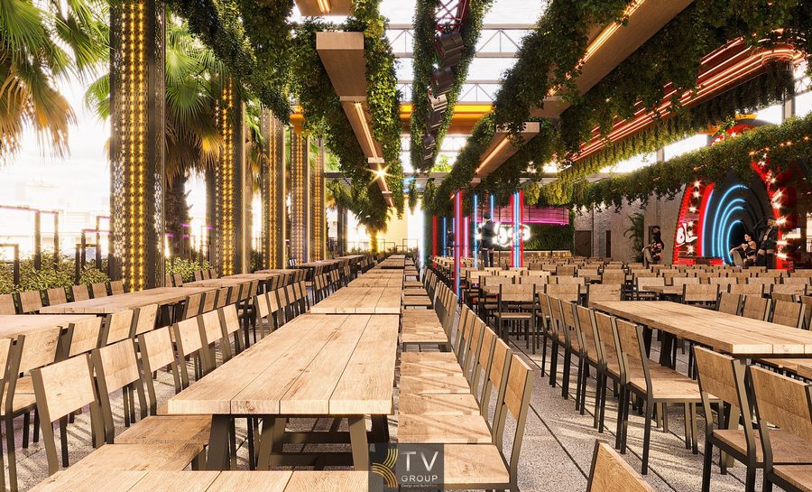 Thiết kế nhà hàng Beer Garden có view thoáng và cây xanh bao phủ. Không gian Beer Garden phong cách trẻ với ánh sáng đa sắc.