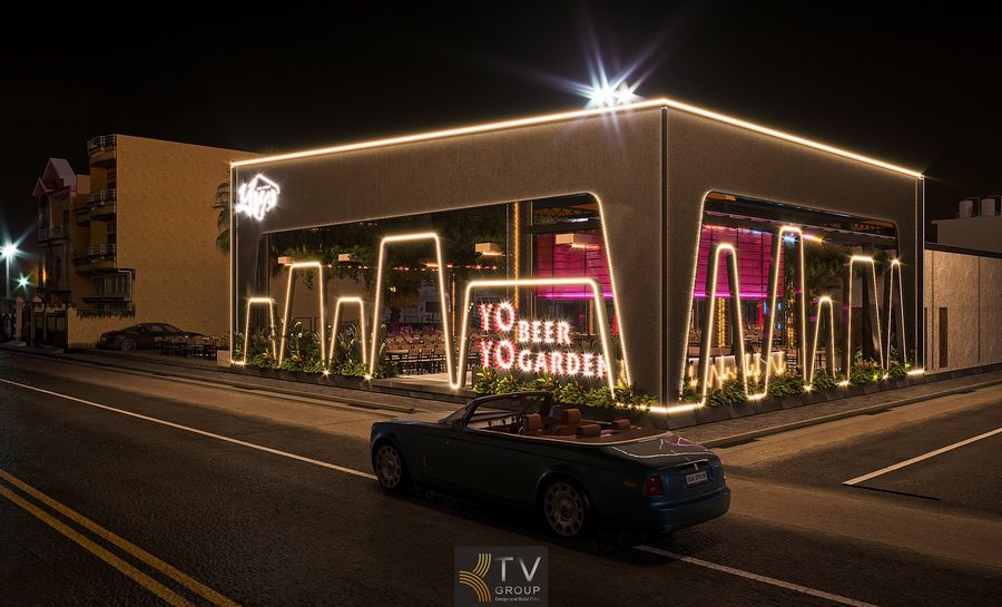 Thiết kế mặt tiền YOYO Beer Garden mang phong cách hiện đại, không gian mở, tạo điểm nhấn với ánh sáng vàng và mảng xanh đặc trưng, thu hút khách ngay từ mặt đường.