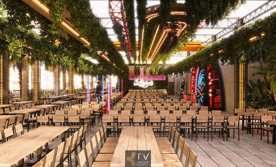 Beer Garden thiết kế sân khấu và bàn ghế bố trí đối xứng.  Phong cách Beer Garden hiện đại với dàn đèn trần màu sắc. 