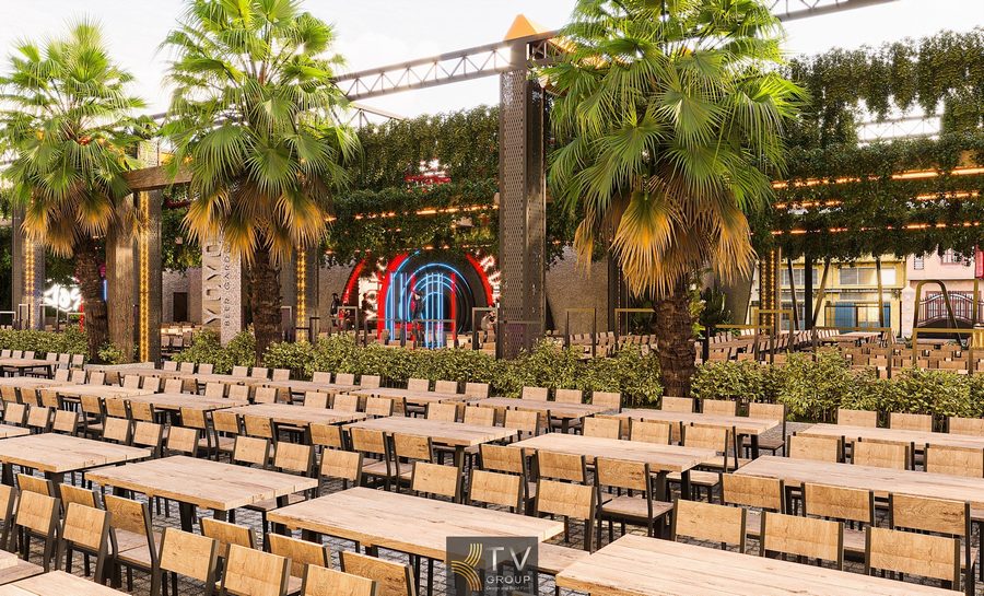 Thiết kế thi công Beer Garden với không gian mở và nhiều cây xanh. Beer Garden ánh sáng đẹp với bàn gỗ và ghế sắt tối giản. Không gian Beer Garden trang trí xanh mát dưới mái che trong suốt.