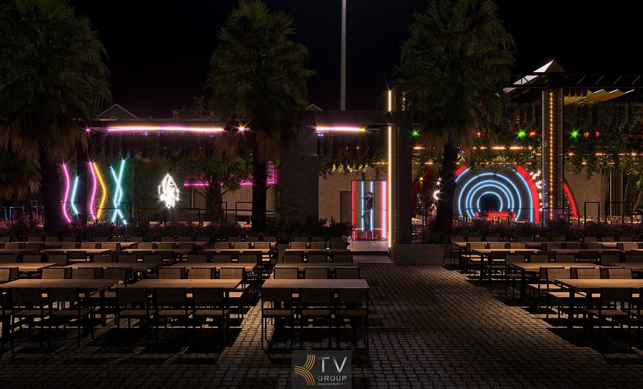 Không gian Beer Garden nổi bật với kiến trúc mở, hệ thống LED đa sắc trải dài mặt tiền, cổng ánh sáng vòng tròn ấn tượng và bố trí bàn ngoài trời rộng lớn, tạo nên một tổ hợp giải trí – ẩm thực sôi động và cuốn hút về đêm.